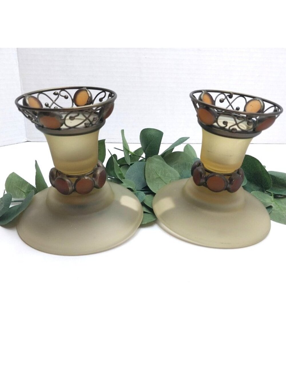 Partylite Paris Frosted Glass Metal Tealight Candle Holders Amber Vintage Pair